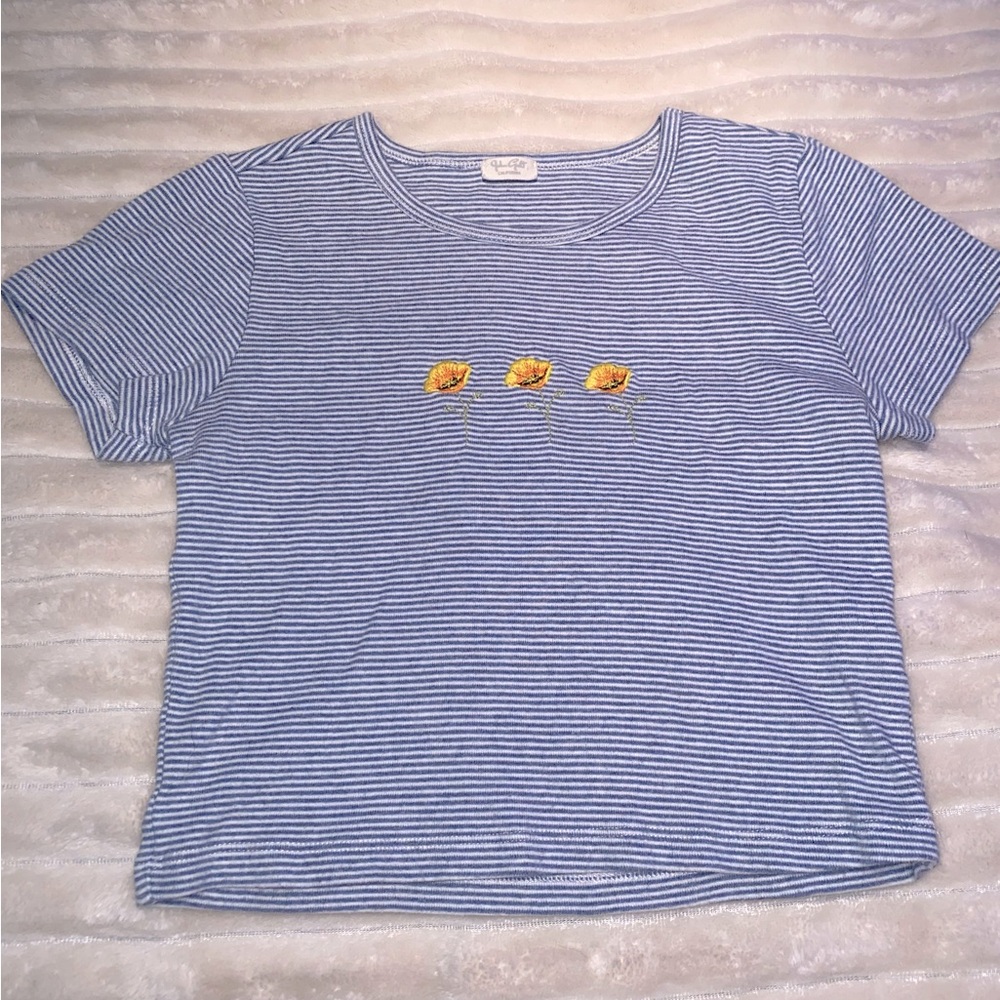 John Galt California white and blue striped cropped tee with embroidered poppies